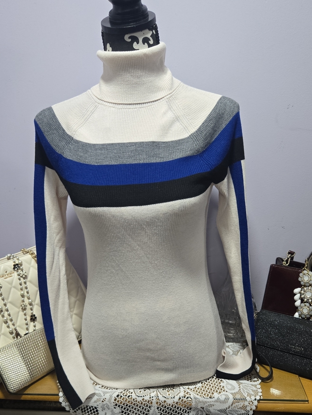 Athleta Cream Turtleneck Sweater with Blue, Gray and Black Stripes